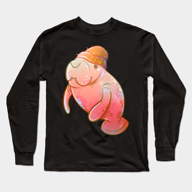 Pink Beanie Manatee Long Sleeve T-Shirt by Claire Lin